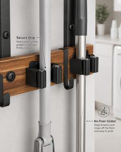 Soporte de Pared para Escobas y Fregonas, Estante de Madera de 27 Pulgadas |   Ganchos Metálicos Móviles de Diseño Rectangular de un Solo Nivel con 5 Pinzas Resistentes para - Product Image 3