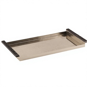 Luxury <b>Silver</b> Metal Serving Tray Rectangular Embossed Crescent Pattern Tea <b>Coffee</b> Platter Decorative Tray with Carved Handles - Product Image 1