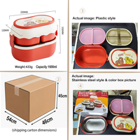 Lonchera Bento de 1600 ml, LFGB SS304, Doble Capa, Apta para Microondas, Portátil, con Adhesivos 3D de Dibujos Animados, Bolsa, Cubiertos, MOQ Bajo, Logotipo Personalizado, Regalos para Eventos