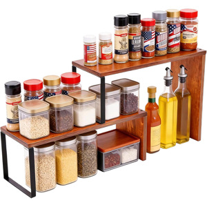 Estante de Especias de Madera de 2 Niveles, Combinación de Hierro y Madera, Almacenamiento de Cocina Multifuncional, Estante de Exhibición de Esquina - Product Image 2