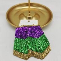 Prêt à Expédier Mardi Gras Boucles D'oreilles Violet Vert Or Dangle Glitter Boucle D'oreille pour La Nouvelle-Orléans Filles Pendientes De Carnaval Bijoux
