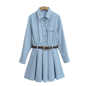 Abito Midi a Righe alla Moda per Donna, Vita Elasticizzata, in Velluto a Coste Traspirante, per <span class=keywords><strong>Primavera</strong></span>/<span class=keywords><strong>Autunno</strong></span>/<span class=keywords><strong>Inverno</strong></span>/<span class=keywords><strong>Estate</strong></span> - Product Image 1