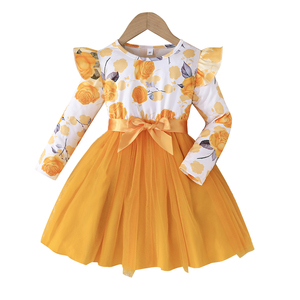 ชุดเดรสตาข่ายพิมพ์ลายสาวน่ารักแขนยาวคอปก O พร้อมเข็มขัดริบบิ้นสำหรับฤดูใบไม้ร่วง-เสื้อผ้าเด็กอายุ 2-7 ปี - Product Image 1