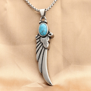 Pendentif en forme de plume d'aile en acier inoxydable avec incrustation de turquoise, collier pour homme, style rétro punk - Product Image 2