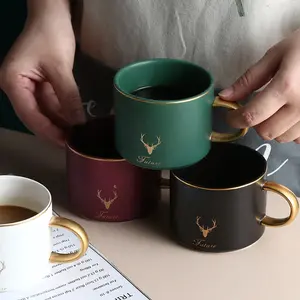 New 220ml gold antler printed ceramic plate set INS coffee mug saucer set with gold spoon wholesale