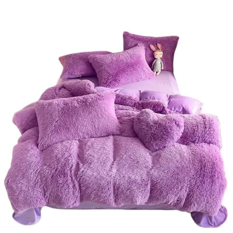 Solid mink wool warm four piece set of environmental protection printed and dyed plush bedding in autumn and winter