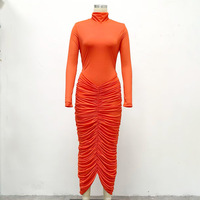 Nouvelle Robe de Soirée Plissée Sexy Moulante à Manches Longues pour Femme, Style Européen et Américain, en Polyester, Couleur Unie, Coupe Slim, Tulle Empire