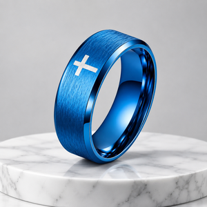 Anillo de Acero Inoxidable con Borde Biselado y Grabado de Cruz, Ajuste Cómodo, para Hombre y Mujer, Joyería Cristiana para Boda, Venta al Por Mayor JLM - Product Image 1