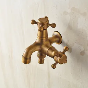 水タップガーデン Suppliers-アンティーク真鍮蛇口壁掛けガーデンタップ双方向ビブコックバルブ洗濯機蛇口真鍮ビブコックタップ