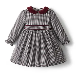 Fabrika özel çocuk giysileri yeni tasarım bebek kız uzun kollu ekose elbise Peter Pan kadife yaka çocuk kız elbise