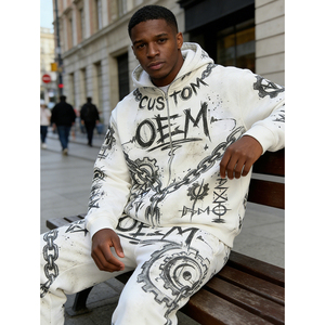 Ensemble deux pièces pour homme, sweat à capuche blanc à fermeture éclair, coupe ample, 400 GSM, impression numérique personnalisée OEM - Product Image 2
