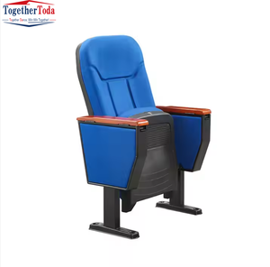 Silla de Auditorio Plegable de Tela Azul Tapizada con un Solo Asiento y Brazos con Escritorio, Ideal para Auditorios y Salas de Conferencias - Product Image 1