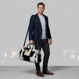 Oval Duffle Bag Cowhide Leather Brown White Unisex Travel Shoulder Strap Buckle Closure Utility Pocket 20-36L Capacity - Product Image 1