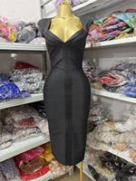 Robe de soirée moulante mi-longue noire à col en V et manches courtes, avec service de conception personnalisée, vente en gros OEM