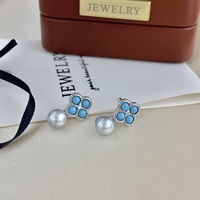 Boucles d'oreilles pendantes en argent sterling 925 avec perle d'eau douce naturelle de 10-11 mm, turquoise, trèfle à quatre feuilles, pour femmes