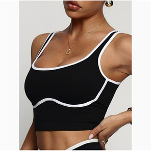 Conjunto de Yoga de 2 Piezas para Mujer, Top Deportivo con Cuello Cuadrado, Leggings de Cintura Alta, Color Negro Sólido con Ribete en Contraste, Transpirable y Sin Costuras - Product Image 5