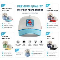 Casquettes de golf personnalisées pour hommes à 5 panneaux avec patch en caoutchouc, casquettes de baseball imperméables à trous découpés au laser, casquette perforée à fermeture snapback