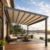 Kanopi Retraktil Terpasang di Dinding, Bermotor, Berlapis Bubuk Aluminium, Pergola dengan Lampu LED, Pelindung Hujan untuk Halaman Belakang Rumah