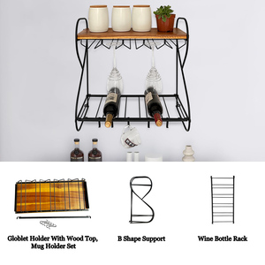 Nuovo creativo porta bottiglia di vino in legno portabottiglie a due livelli <span class=keywords><strong>da</strong></span> <span class=keywords><strong>parete</strong></span> galleggiante porta vino con calice Hanger - Product Image 4