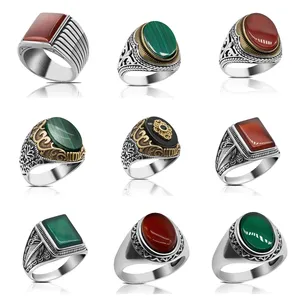 925 Sterling Silver Rings For Men With Big Natural Onyx Malachite Stone Vintage Handmade Statement Wedding Ring For Male Female