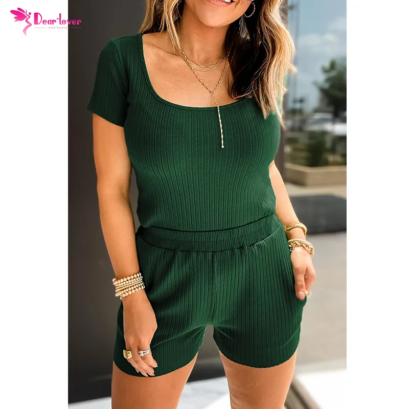 2023 Green Ribbed Knit Shorts Lounge Set Logo Print Pajamas Loungewear Women Sleepwear
