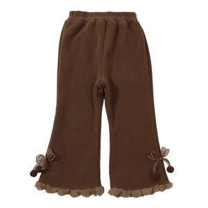 Girls' Fleece-Lined Corduroy Pants Brown Thickened Long With Pom Poms Winter Warm Children's Pants - Product Image 4
