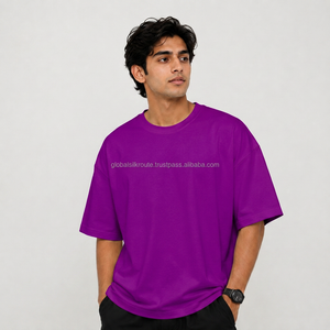 Camiseta de punto informal de manga corta con cuello redondo 100% algodón morado de talla grande para hombre, ajuste de jersey teñido liso de color sólido - Product Image 4