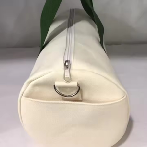 Custom Logo Canvas Fitness Tote <strong>Bag</strong> Designer <strong>Duffel</strong> <strong>Bag</strong> Green Webbing Strap Cream White Cylinder Handbag Sporty - Product Image 4