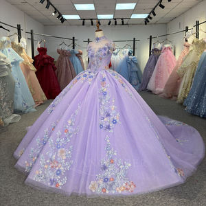 Robe de bal de Quinceañera classique pour filles, col montant, violette, avec broderies appliquées et fleurs en organza, modèle 6964 - Product Image 2
