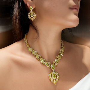 طقم مجوهرات فاخر للغاية مطلي بالذهب ومرصع بالزركونيا المكعبة بلون أصفر زيتوني للنساء، للمشاركة في الخطوبة وحفلات الزفاف والولائم - Product Image 6