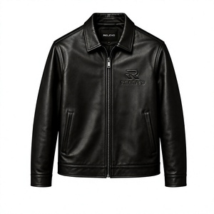 Blouson moto en cuir véritable marron pour homme, col montant, fermeture éclair, coupe classique, style motard, vêtement d'extérieur pour l'automne - Product Image 2