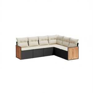 Conjunto de sofá de jardín de ratán blanco crema y negro, 6 plazas, muebles de exterior, estructura de madera de teca, diseño contemporáneo - Product Image 1