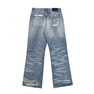 Jeans de hombre al por mayor con logo personalizado, lavado desgastado, corte recto holgado, denim desgastado, cintura media, pantalones azules - Product Image 2