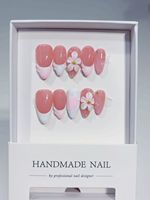 TSZS Faux Ongles à Presser en Acrylique Faits Main, Forme Amande Française, Qualité Supérieure, 10 Pièces, Rose Brillant avec Fleur en Relief