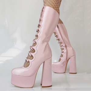 Bottes d'été à découpes pour femmes, hauteur genou, avec boucles, plateforme, talons épais, fermeture éclair latérale, en soie, grandes tailles 47 - Product Image 6