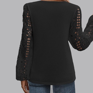 Camisa Holgada de Manga Larga con Paneles de Encaje y Escote Asimétrico para Mujer, Top de Moda - Product Image 3