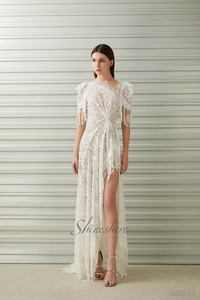 아름다운 레이스 짧은 소매 높은 분할 등이없는 알라인 웨딩 원피스 신부 가운 - Product Image 2