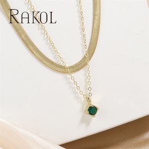 Rakol NP6030, colgante de Zirconia cúbica verde, cadena de clavícula para mujer, collar de Esmeralda cuadrado chapado en oro, joyería - Product Image 5