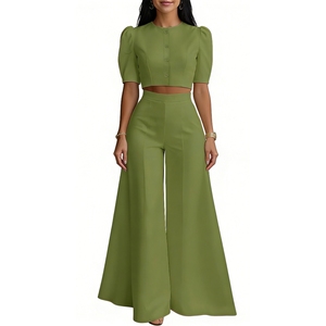 Women's Puff Sleeve Crop Top & Wide Leg <b>Pants</b> Set Button-<b>Down</b> 2-Piece Formal Outfit Fashion - Product Image 2