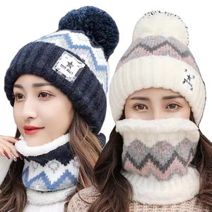 Ensemble de <span class=keywords><strong>deux</strong></span> pièces d'hiver pour femmes, design personnalisé, <span class=keywords><strong>bonnet</strong></span> tricoté, protection des oreilles, broderie 3D pour la scène d'affaires de la plage. - Product Image 1