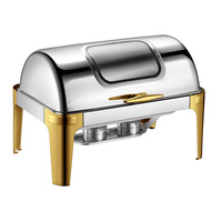 Plat à chafing de luxe en acier inoxydable plaqué or haut de gamme avec couvercle roulant et verre visible, chauffe-plats 6L/9L pour buffet, service traiteur au gaz