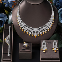 Ensemble de bijoux de luxe pour femmes, collier, boucles d'oreilles, bague et bracelet en argent plaqué, entièrement sertis de diamants, zircon, pour les soirées