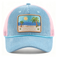 Groothandel op maat gemaakte sportieve dobby corduroy kinder 5-panel 2-kleurige blauw-roze zomer strand geborduurde mesh trucker pet