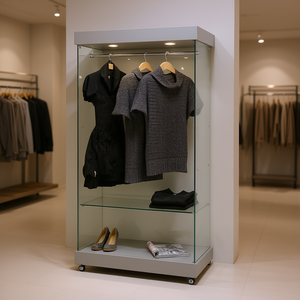 Vitrine d'exposition en verre trempé 73x46x188cm gris clair avec éclairage halogène et rail à vêtements sur base avec roulettes - Product Image 3