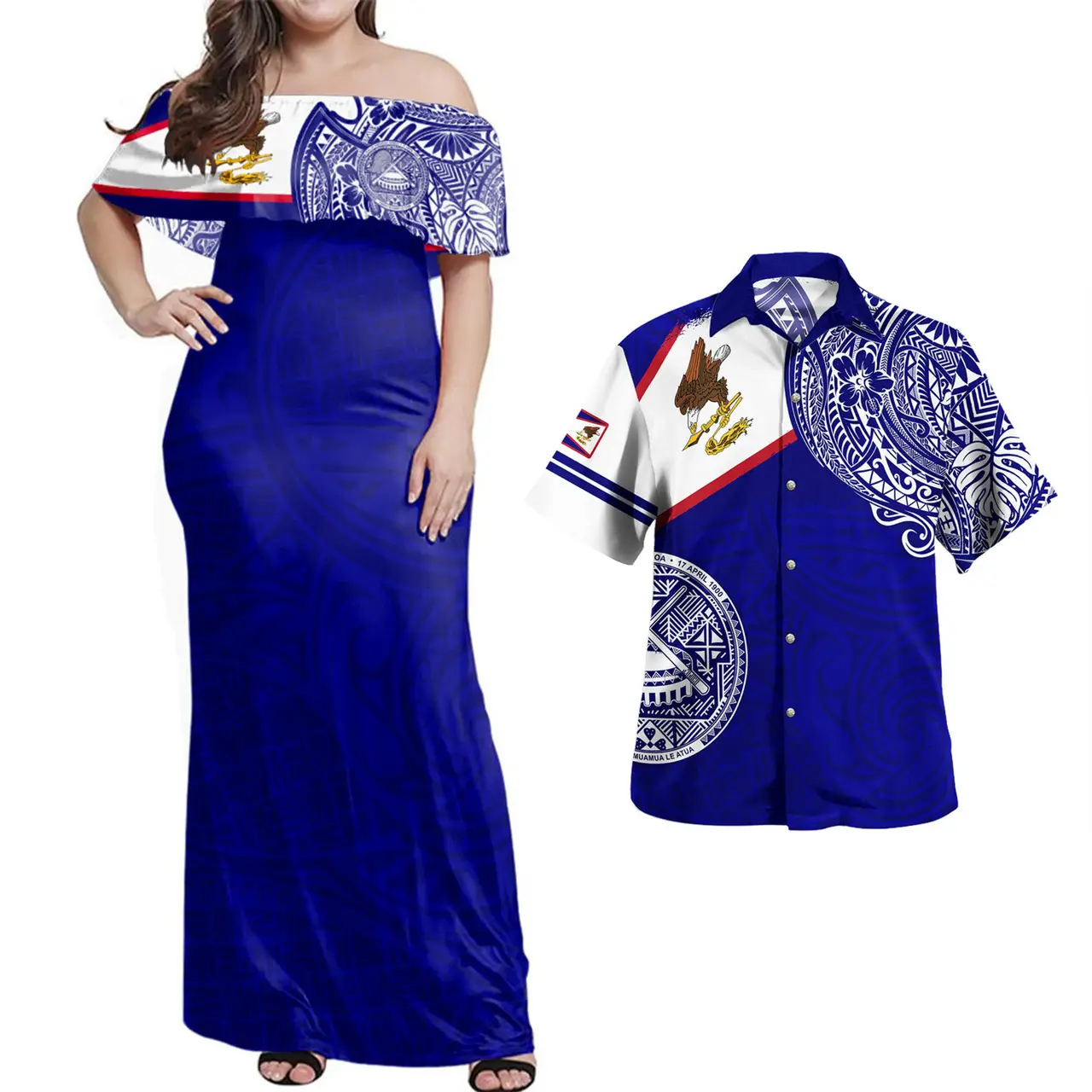 Drapeau polynésien avec armoiries chemises pour hommes robes pour femmes ensembles 2 pièces robe et chemise combo samoans américains livraison directe