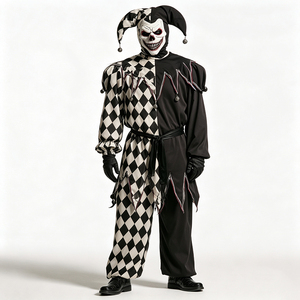 Costume de bouffon maléfique pour <span class=keywords><strong>homme</strong></span>, noir et blanc, tenue de harlequin effrayante, costume de clown d'horreur avec masque de crâne pour adulte, Halloween - Product Image 1