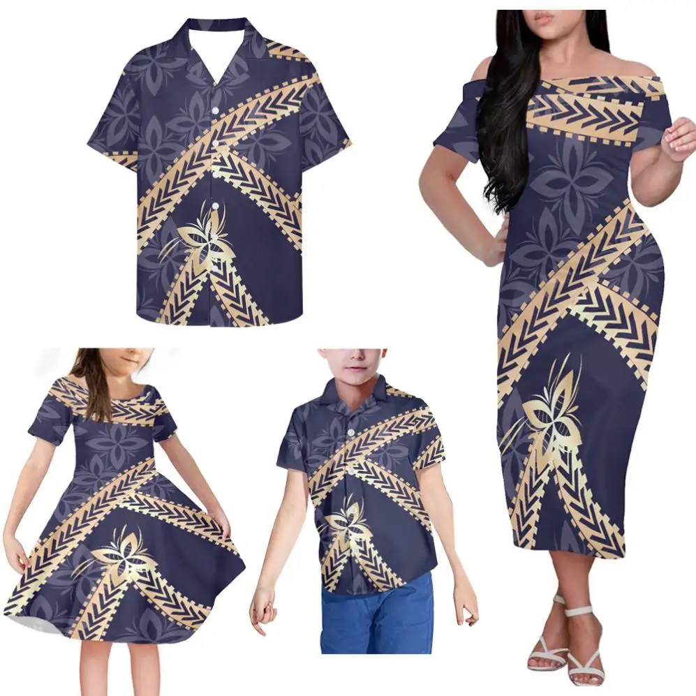 Fiji Tapa tasarım elbise kadınlar için açık omuzlu elbiseler yetişkin çocuk giyim 4-piece setleri aile eşleştirme kıyafetler yaz 2023