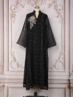 Abaya de Dubaï pour femmes, col montant, encolure en V, manches évasées, kaftan, broderie florale 3D avec strass, robe longue musulmane