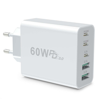 Chargeur rapide HNT 60W GaN 5-en-1 PD3.0 QC, chargeur mural 3 ports Type-C 2 ports USB-A, adaptateur de voyage portable, source d'usine pour smartphone