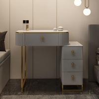 Table de toilette blanche cannelée moderne avec miroir LED rond et tiroirs dorés pour chambre d'hôtel, appartement, coiffeuse